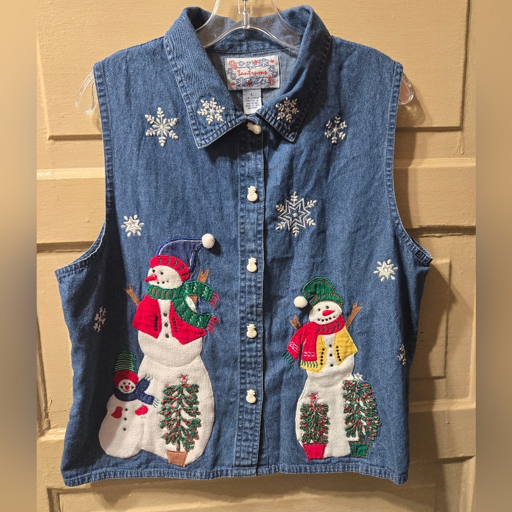 Tantrums Snowman Button Front Christmas Holiday Vintage Vest GUC Size: Large